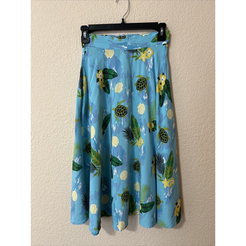 ModCloth x Collectif Swing Skirt Sea Turtles Palm Hawaii Tropical Blue Sz XS (4)